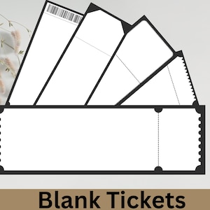 Puede incluir: Una colección de boletos blancos en blanco con bordes negros dispuestos en forma de abanico. Los boletos presentan bordes perforados, esquinas redondeadas y un código de barras en el boleto superior izquierdo. Incluye un boleto horizontal.