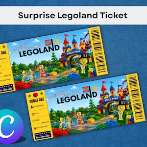 Modèle de billets cadeaux Legoland Surprise, billet modifiable pour le parc à thème, billet modifiable Canva, bon cadeau imprimable