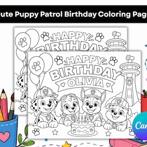 Puede incluir: Una página para colorear imprimible en blanco y negro con cuatro cachorros de dibujos animados en uniforme, un pastel de cumpleaños con velas, globos y una torre de vigilancia. El texto dice Happy Birthday Olivia.