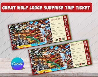 Verrassingsticket voor een reis naar Great Wolf Lodge, bewerkbare reisaankondiging, vakantiecadeau, toegangsticket, Canva-sjabloon, printbaar