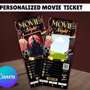 Puede incluir: Dos entradas rectangulares de invitación para una noche de cine con fondos negros, texto dorado y gráficos de temática cinematográfica. Cada entrada presenta un área de imagen central, palomitas, rollos de película y campos para completar.