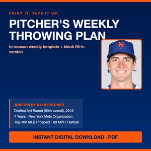 May include: A digital document titled PITCHER'S WEEKLY THROWING PLAN with an in-season weekly template and blank fill-in version. It features a photo of a smiling person wearing a blue New York Mets baseball cap and text about a pro pitcher.