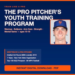 May include: A digital PDF training program titled The Pro Pitcher's Youth Training Program for ages 10-18. It features a photograph of a smiling person wearing a blue baseball cap with an orange logo, plus professional credentials and stats.
