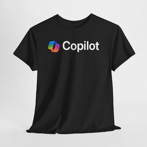 May include: A black short-sleeve t-shirt featuring the word Copilot in white text on the chest. To the left of the text is a stylized square icon with a gradient of blue, green, yellow, orange, and red colors forming a folded ribbon shape.