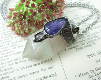 devana - fluorite crystal pendant with carved amethyst & pink tourmaline