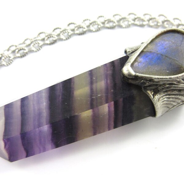 lysithea - labradorite & purple fluorite crystal pendant - raw crystal necklace