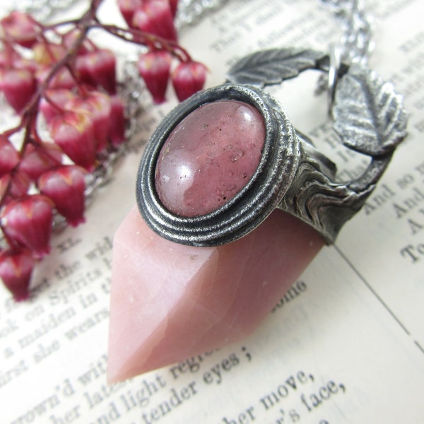 the wild rose faerie - bustamite crystal pendant with ruby & rose quartz