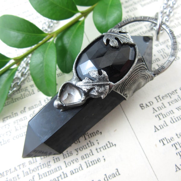 the guardian - black tourmaline, white topaz & obsidian crystal pendant