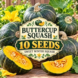 May include: A packet of 10 Buttercup Squash seeds featuring a label with the text Buttercup Squash 10 Seeds Sweet Winter Squash. The image displays several dark green, round winter squashes, including two cut open to reveal bright orange flesh.