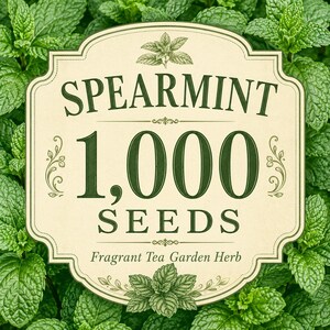 Puede incluir: Una etiqueta rectangular de color crema con bordes decorativos que presenta el texto verde oscuro SPEARMINT 1,000 SEEDS Fragrant Tea Garden Herb. La etiqueta incluye ilustraciones de hojas de menta en la parte superior e inferior, sobre un fondo de hojas de menta frescas.