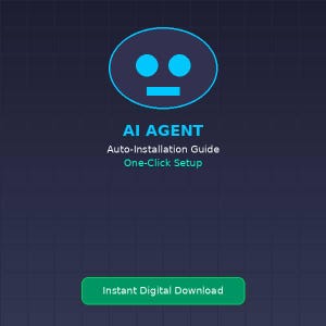 May include: A dark blue digital graphic featuring a light blue circular robot icon with two eyes and a rectangular mouth. Text reads AI AGENT, Auto-Installation Guide, One-Click Setup, and a green button labeled Instant Digital Download.