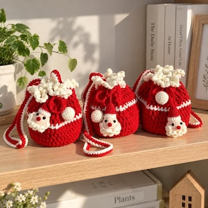 Christmas Drawstring Pouch Pattern, Santa Face Applique, Crochet Christmas Bag (PDF Download)