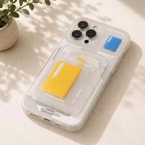 May include: A clear smartphone case featuring a camera cutout and a card holder attachment. The case displays white text including "WWCP," "CONFIDENTIAL DOCUMENTS," and "WU WANG CHU PIN," along with a small blue folder icon and a yellow folder icon.