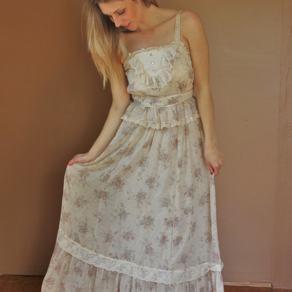 1970s Floor Length Dress "Whiskey + Rhyme" Folk Dress // Indie Wedding Dress // Hippie Style Floor Length Ivory and Lace Dress