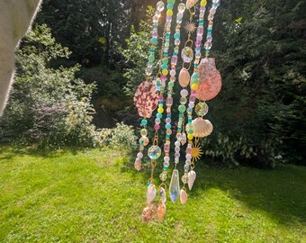 Beachy Whimsy Driftwood Suncatcher | Glass Bead & Crystal Window Hanging | Handmade Coastal Décor