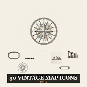May include: A collection of 30 vintage map icons in PNG format, featuring a large central compass rose, a smaller compass, a rectangular frame, a mountain range illustration, a classical column structure, and a small rectangular label plaque.