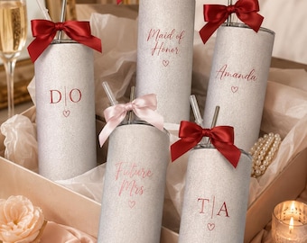 Personalized Bridesmaid Tumblers, Bridal Party Gifts, Custom Bride & Bridesmaid 20oz Glitter Tumblers with Straw