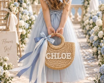 Wicker Flower Girl Basket, Personalized Flower Girl Basket, Pearl Letters, Custom Name Basket, Blue Ribbon Trio Add-On, Flower Girl Keepsake