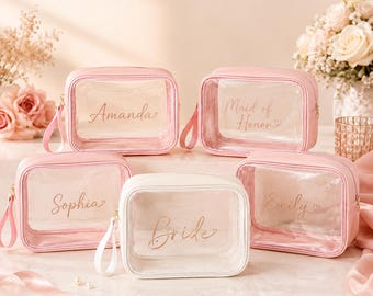 Bridesmaid Makeup Bags, Personalized Makeup Bag with Name, Clear Cosmetic Toiletry Bag, Bridal Party Gift