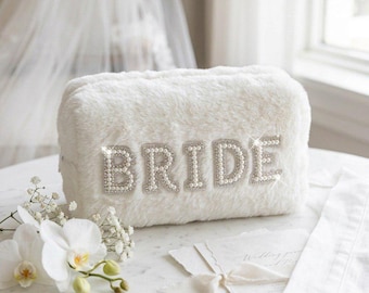 Bride Makeup Bag, Rhinestone Pearl Cosmetic Pouch, Wedding Morning Bride Gift, Bridal Shower Gift