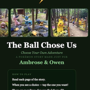 May include: A digital storybook interface titled The Ball Chose Us, featuring a yellow lightning bolt icon, three rectangular image panels showing Pokémon characters in a forest setting, and text instructions for an interactive adventure game.