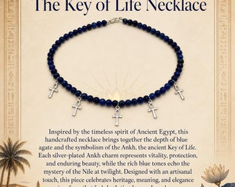 Blue Agate Ankh Necklace, Silver-Plated Key of Life