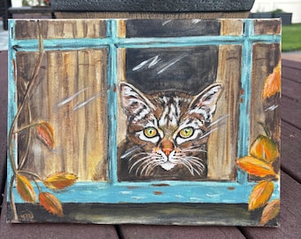 Dipinto acrilico di un gatto, originale su tela, opera d'arte da parete o da finestra.