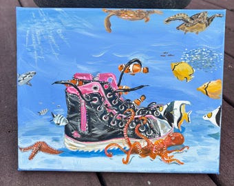 Dipinto acrilico sottomarino originale su tela, opera d'arte da parete, scarpe da ginnastica, oceano