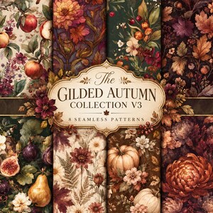 Peut inclure: Un affichage graphique numérique de The Gilded Autumn Collection V3 présentant 8 motifs sans couture. L'image montre divers motifs botaniques incluant des pommes, des figues, des poires, des citrouilles et des feuilles d'automne aux tons rouge, orange et brun.