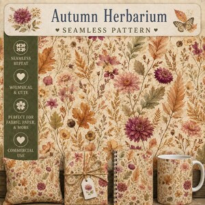 Könnte beinhalten: Ein nahtloses Muster mit Herbstblumen, Blättern und Schmetterlingen in Braun-, Orange- und Violetttönen. Das Design ist auf einem Kissen, einem verpackten Geschenk mit Anhänger, einem Spiralnotizbuch und einer Keramiktasse auf cremefarbenem Grund zu sehen.