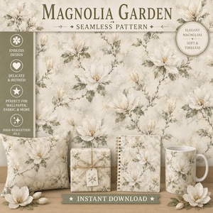 Puede incluir: Un diseño de patrón sin costuras titulado Magnolia Garden con flores de magnolia blancas y hojas verdes sobre un fondo beige texturizado. La imagen muestra un cojín cuadrado, un regalo envuelto, un cuaderno de espiral y una taza.