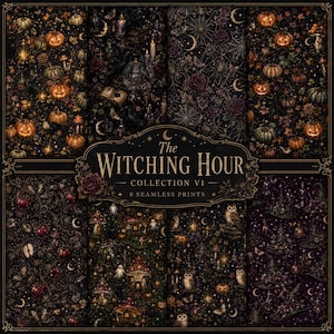May include: A digital collection of eight seamless patterns titled The Witching Hour Collection VI. The designs feature dark, intricate illustrations of pumpkins, spiderwebs, roses, mushrooms, owls, and witch hats on black and deep purple backgrounds.