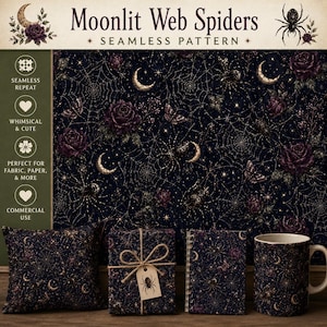 May include: A seamless pattern design titled Moonlit Web Spiders featuring dark purple roses, golden crescent moons, intricate spider webs, and spiders on a black background. The pattern is displayed on a pillow, a gift box, a notebook, and a mug.