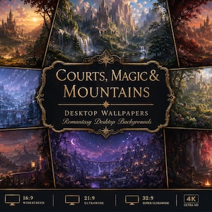 May include: A collection of fantasy landscape digital wallpapers featuring castles, mountains, and forests. The central black label displays the text COURTS, MAGIC & MOUNTAINS, DESKTOP WALLPAPERS, Romantasy Desktop Backgrounds, with icons for 16:9, 21:9, 32:9, and 4K resolution.