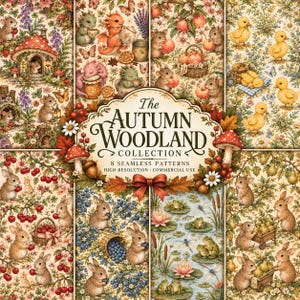Può includere: Una collezione digitale di otto motivi senza cuciture con illustrazioni di animali del bosco, tra cui topi, conigli, rane e anatroccoli, insieme a frutti autunnali, funghi e fiori, con il testo The Autumn Woodland Collection.