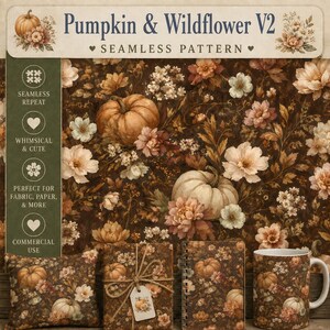 Puede incluir: Un diseño de patrón sin costuras titulado Pumpkin & Wildflower V2 con calabazas naranjas y blancas rodeadas de flores color crema, melocotón y marrón sobre un fondo marrón oscuro, mostrado en un cojín, un regalo envuelto, un cuaderno y una taza.