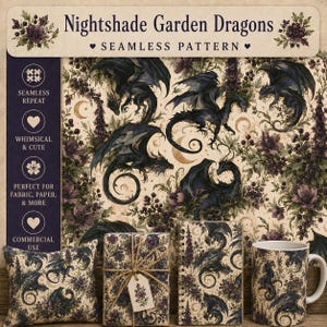 Nightshade Garden Dragons Seamless Pattern (Digital Nedladdning) - Kommersiellt Använd PNG