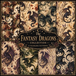 Puede incluir: Una colección digital de ocho patrones sin costuras con dragones oscuros, elementos florales y motivos celestiales. La etiqueta central negra muestra el texto The FANTASY DRAGONS COLLECTION 8 SEAMLESS PATTERNS en letras doradas sobre fondo beige.