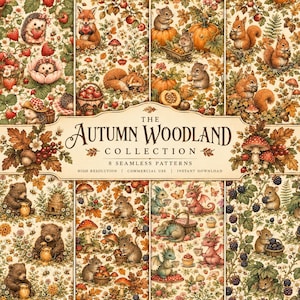 以下が含まれることがあります： 「The Autumn Woodland Collection」と題された8つのシームレスパターンのデジタルコレクション。ハリネズミ、キツネ、ネズミ、リス、クマ、ドラゴンのイラストが、カボチャ、キノコ、ベリー、秋の木の葉と共に描かれています。