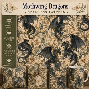 May include: A seamless pattern featuring dark blue dragons, moths, and flowers on a beige background. The design is displayed on a square pillow, a wrapped gift, a spiral notebook, and a ceramic mug, with text reading Mothwing Dragons.