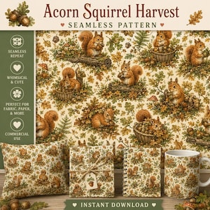 May include: A seamless pattern design titled Acorn Squirrel Harvest featuring brown squirrels, acorns, oak leaves, and mushrooms. The pattern is displayed on a pillow, a wrapped gift, a spiral notebook, and a white ceramic mug.