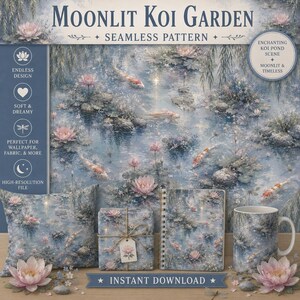 May include: A digital display of a Moonlit Koi Garden seamless pattern featuring orange koi fish and pink water lilies in a blue pond. The image shows a square pillow, a wrapped gift, a spiral notebook, and a mug, all with the same koi design.