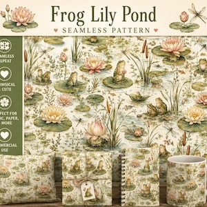 May include: A seamless pattern design titled Frog Lily Pond featuring illustrations of frogs, pink water lilies, dragonflies, and cattails. The pattern is displayed on a square pillow, wrapped gift, spiral notebook, and a ceramic mug.