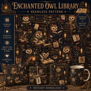 May include: A digital seamless pattern titled Enchanted Owl Library featuring owls reading books, lanterns, and candles. The display includes a square pillow, a wrapped gift, a spiral notebook, and a ceramic mug, all showcasing the dark, detailed owl-themed print.