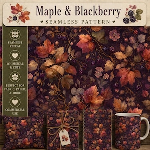 Könnte beinhalten: Ein nahtloses Musterdesign mit herbstlichen Ahornblättern und Brombeeren auf dunkelviolettem Grund, abgebildet auf einem Kissen, einem Geschenk, einem Spiralblock und einer Tasse, mit dem Text Maple & Blackberry SEAMLESS PATTERN.