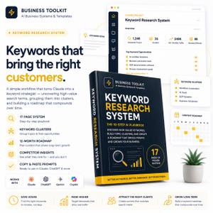Puede incluir: Una guía de producto digital en negro y amarillo titulada Business Toolkit Keyword Research System. La portada presenta un icono de lupa, texto que detalla un manual de IA de 10 pasos y una insignia de sistema de 17 páginas. Los elementos circundantes incluyen gráficos de flujo de trabajo, listas de grupos de palabras clave y un gráfico de hoja de ruta de contenido.