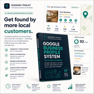 May include: A dark blue book titled Google Business Profile System with a 17-page system badge. The graphic displays a Google Business Profile interface, a 92/100 profile score, top keywords, and a coffee shop post. Text includes Business Toolkit.