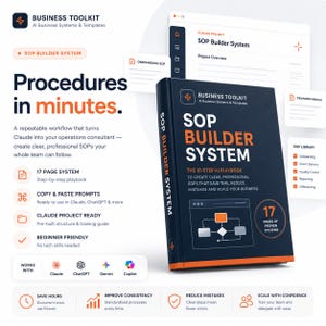 Peut inclure: Un livre bleu foncé intitulé SOP BUILDER SYSTEM avec du texte orange, présentant un manuel d'IA de 17 pages pour les procédures d'entreprise. La couverture affiche un graphique de flux et le sous-titre The 10-Step AI Playbook.