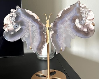 Black Flower Agate Butterfly Wings on Custom Gold Stand