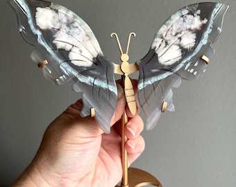 Blue Flower Agate Butterfly Wings on Custom Gold Stand